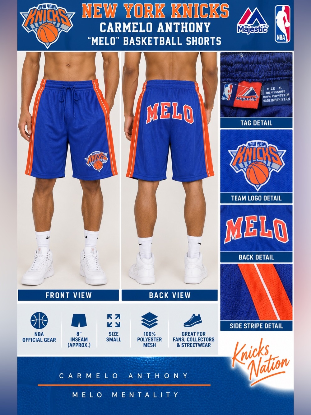 New York Knicks Carmelo Anthony MELO Majestic NBA Basketball Shorts Small 8”